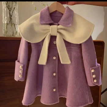 2023 Есен Нова Westernized лилаво Bow Детско палто Корейски детски дрехи Момичета Вълнено палто Средна дължина