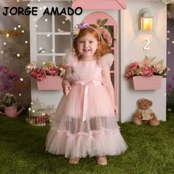 Нова лятна детска момичешка парти рокля розова твърда яка къси ръкави кръгла яка принцеса многопластова рокля детски дрехи E7900
