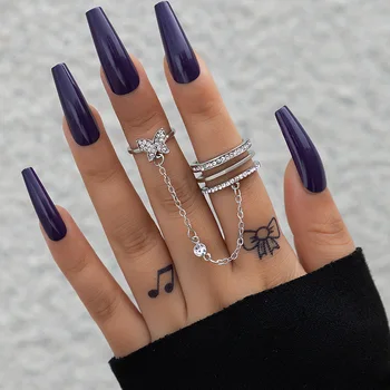 Нова изящна пеперуда кристал пискюл верига пръстен за жени три слой кристал пръст съвместни пръстени чар модерен бижута подаръци