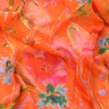  един метър Композитна прежда с висок обрат Цветен печат от шифон tissus върху оранжев фонов плат Модна рокля материал за облекло