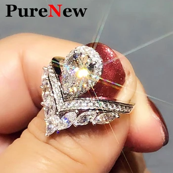 PureNew Premium круша нарязани Moissanite диамантени пръстени за жени оригинални 925 стерлинги сребро най-високо качество жените Moissanite пръстени
