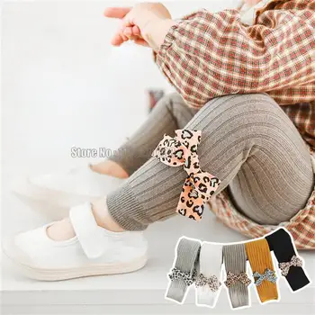 Пролет есен гамаши момичета детска мода леопард лък дишаща памук трикотажни детски панталони бебе чорапогащи панталони