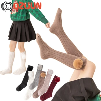 3 чифта мода момичета коляното високо Pom Pom оребрени чорапи в 5 цвята за 1-7 години деца SML зимни ботуши топли чорапи