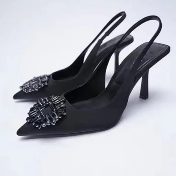 2023 Лято Нова мода Сандали на висок ток Обратно пътуване Rhinestone заострени единични обувки плитка уста тънък ток високи токчета жени
