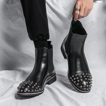 Fashion Men Chelsea Boots Rivets Black Punk Handmade Men's Boots Non-slip Size 38-48