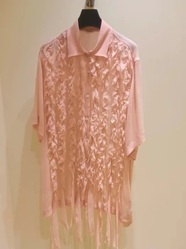 Сладки момичета розова риза лятна мода жени дълга блуза за пролетта секси прозрачен топ с пискюли