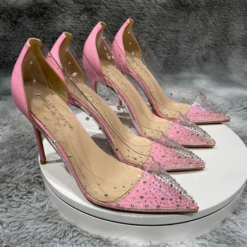 high,transWomen'sPVC високи токчета12см прозрачни кристални сандали, червени високи, черни високи , златниЦвят диамант дамски обувки45 ярда