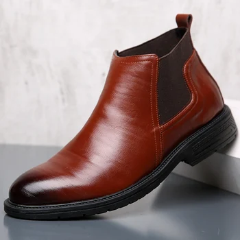 Мъж Челси ботуши Кратко случайни ретро средно нарязани реколта печат глезена обувки кожени ботуши