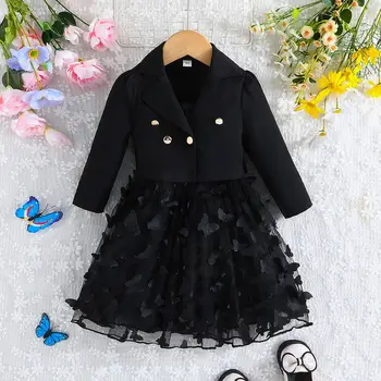 Детска мода палто отгоре + рокля две части малко момиче черно дрехи костюм малко дете момиче дрехи дантела принцеса рокля за момичета