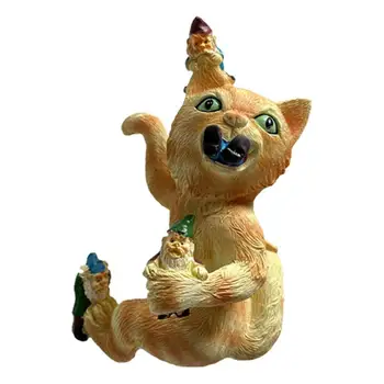 Котка яде Gnome статуя животински градински орнаменти Gnome клане сладък ръчно изработени смола котка градина скулптура за настолна декорация