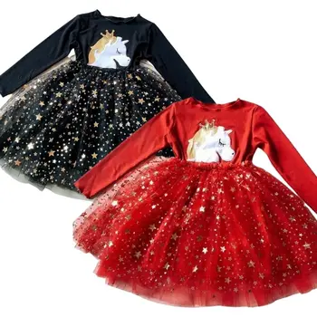 момичета принцеса плетени пайети звезда рокля детски Коледа облекло еднорог пони рокля бебе деца есен рожден ден вестидос