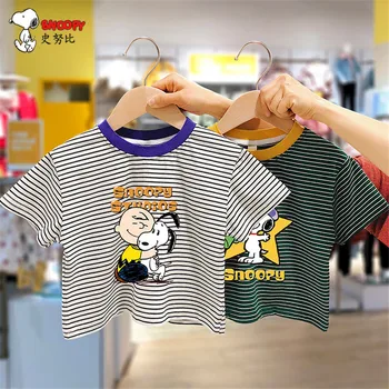 Детска анимационна лятна тениска Snoopy момчета и момичета раирана тениска с къс ръкав бебе 2022 летен памук