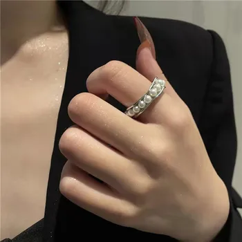 френски дизайн смисъл ретро отваряне комбинация набор пръстен темперамент проста сладководна перла златно фолио пръстен жени безплатна доставка