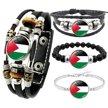 Кожени плетени гривни Модни мъниста Копчета гривни Палестински сувенирни гривни Палестина Знаме гривни Бижута подарък