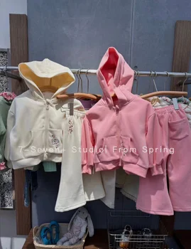 2023 Корея стил момичета 2 бр комплект качулка sweatcoat + широки панталони памук пролетта добро качество модни момичета костюм 2-7t E2883