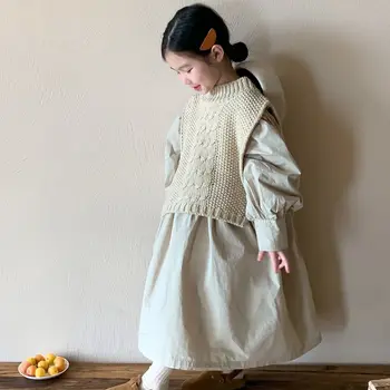 7194 Детска рокля 2023 Есен Нова корейска плътен цвят балон ръкав момиче рокля хлабав дълга пола или трикотажен вълнен шал