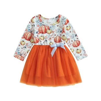 Baby Kids Girls Chic Halloween Dress Pumpkin Print Layered Tulle Long Sleeve Dress Fall Cute Sweet Casual Clothes Princess Dress