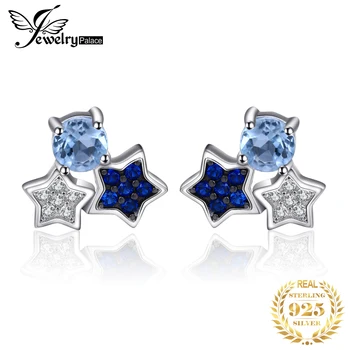 Jewelrypalace Star Round Genuine Sky Blue Topaz Created Spinel 925 Sterling Silver Stud Earrings for Women Gemstone Jewelry