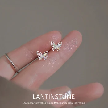 Изящни ярки блестящи кристални обеци Buttefly за жени сладко розово синьо 925 сребърна игла чар парти бижута N281