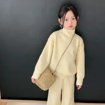 момичета дрехи поло вълна костюм 2023 зимата нов корейски стил детски дрехи плътен цвят топло плета мода две части комплект