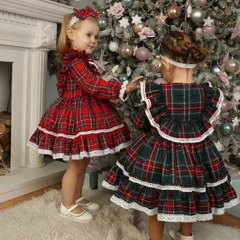 1-7Y Детски момичета Коледна рокля бебе дълъг ръкав дантела подстригване къдрици карирана реколта рокли деца парти принцеса есенно облекло