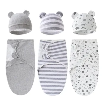 100% памук бебешки одеяла пелени обвивам и шапка комплект момчета момичета регулируеми бебе пелена за 0-6 месеца новородено бебе неща