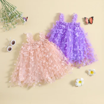 Детска детска рокля за бебета момичета 3D пеперуда плътен цвят рокля без ръкави прашка лятна сладка случайна принцеса рокля 6M-4T