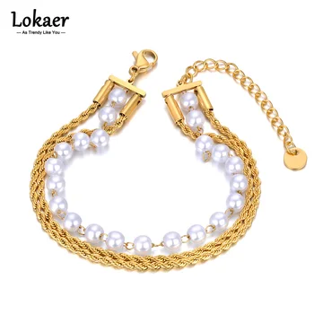Lokaer 316L неръждаема стомана три слоя връзка верига гривна гривна за жени изящни имитация перла бижута Брелок B23090