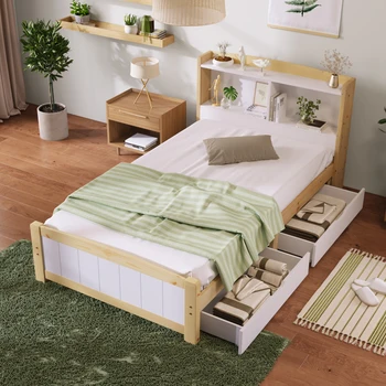  масивно дърво единично легло за съхранение на табла легло, рамка за легло, плоска рамка за юфка, детско / младежко легло бор твърдо естествено бяло, 2 чекмеджета