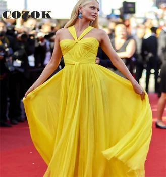 Жълта дълга елегантна шифон вечерна рокля A-Line плисирана дължина на пода Знаменитост рокли Абитуриентски рокли Vestidos De Gala Custom