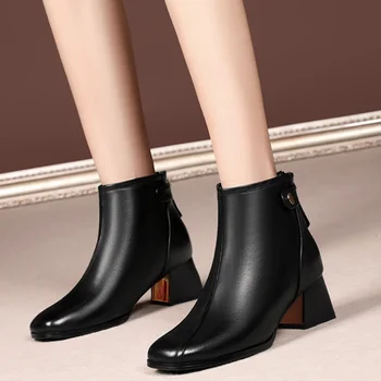 2023 Висококачествени обувки женски глезена дамски ботуши елегантни модерни ботуши жени твърди шиене цип квадратни пръсти обувки жени Сапатос