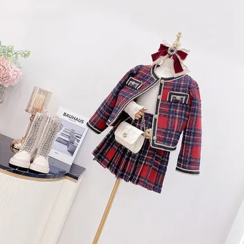 Детски дрехи 2023 есенна мода за момичета Корейски каре малък аромат палто детска къса пола комплект от две части 3-9Y