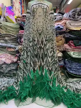 2023 Най-новите френски 3D мъниста тюл дантела плат мода перо опашка африканска мрежа дантела тъкани с пайети за рокля
