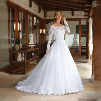 Блестяща апликация с мъниста A-line сватбена рокля с дълги ръкави от рамото Glamorous булчинска рокля Характеристики Кристален колан