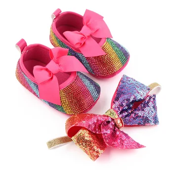 Летни бебешки обувки за момичета мода пайети Rhinestone Bowknot момичета принцеса обувки с бебе лента за глава комплект бебе момиче обувки 0-18M