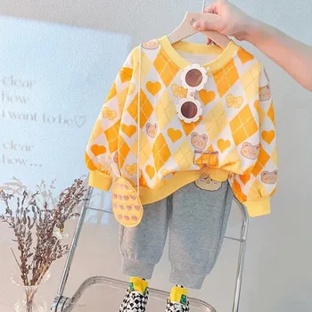 бебе - момиче Комплект пролетни и есенни дрехи Ново детско спортно облекло с дълъг ръкав Комплект от две части