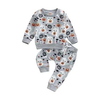 Bmnmsl Малко дете бебе две части облекло Хелоуин дрехи призрак тиква печат суитчър върховете и еластични панталони комплект за бебе