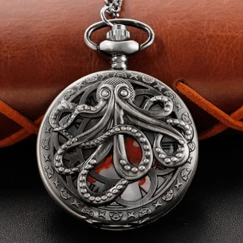 черен Cthulhu октопод унисекс мода римски цифров кварцов стиймпънк джобен часовник Дамско колие висулка с верига подарък