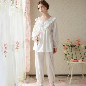 2023 Френска принцеса фея пижама комплект дълъг ръкав панталони дантела секси сладък дома облекло v-образно деколте памучна пижама за жени пижами