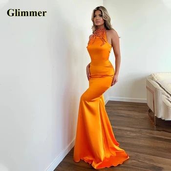 Glimmer Модерни вечерни рокли с високо деколте Мъниста Русалка Сатен без ръкави Sweep Train Vestidos de Fiesta Elegantes para Mujer