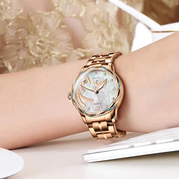 LOBINNI 2021 Топ марка луксозни жени автоматичен механичен часовник розово злато случай диамант набиране гривна Дамски часовници дата часовник