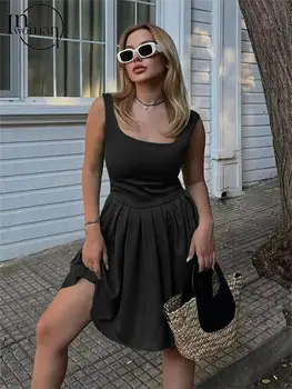 Inwoman Summer Sexy Solid Midi Dresses Club Outfit For Women 2023 Без ръкави без гръб Свободни рокли Плисирани рокли Дамско облекло