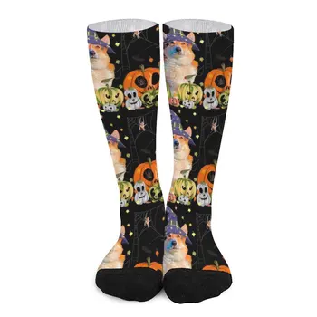 Witch Corgi & Pumpkin - Забавен любител на кучета Джак-О-фенер Хелоуин чорапи Хокейни термични чорапи за мъже