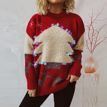 Издърпайте Femme 2023 Празничен пуловер Ръчно изработени пайети Коледно дърво Малко елен бродерия пуловер дебел топъл извънгабаритен пуловер