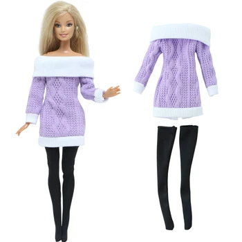 Мода кукла рокля пуловер облекло зимно палто лилава пола черни чорапи ежедневни дрехи за кукла Барби аксесоари детска играчка