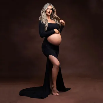 Памучни рокли за майчинство за фотосесия Секси изрязани отпред без гръб Макси рокля Сватбено тържество Фотография Дрехи за бременни жени