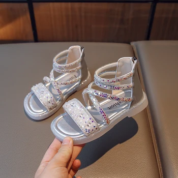 Детски кристални обувки за момичета Сладък цип 2023 Нови меки отворени пръсти момичета сандали пайети детска мода нехлъзгащи се дишащи