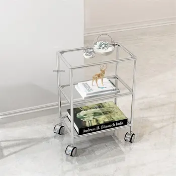 Модерна стъклена масичка за кафе за мебели за хол Количка Творческа странична маса с колела Прозрачна многослойна стойка за съхранение
