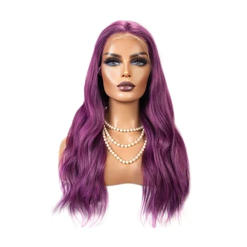 FANXITION Тъмно лилаво дълго естествена вълна синтетична дантела предна перука за жени топлоустойчиви влакна коса естествен коса косплей