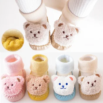 бебе есен зимни обувки удебелени топло новородено бебе хавлиени чорапи против хлъзгане сладък карикатура мечка момчета момичета обувки деца чорап